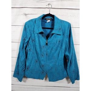 Kari's Place Women's 3/4 Sleeve‎ Embroidered Blue Buttoned Blazer Jacket Size 14
